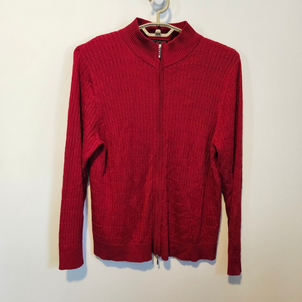 Valerie Stevens Full Zip Cardigan Size 1X Silk Cotton Cable Knit Sweater Holiday
